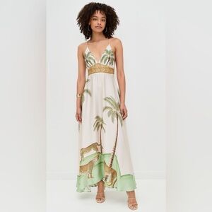 Spaghetti-Strap Palm Tree Maxi Dress in Ivory and Green